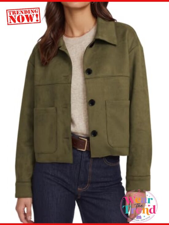 Jackets & Blazers - Faux Suede Cropped Bomber Jacket Button Down Casual Lightweight Women's Coat